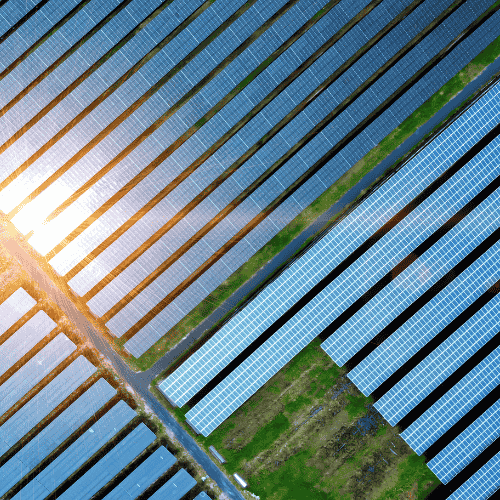 Perspectiva aérea de los paneles solares distribuidos en un campo, destacando el papel de las energías renovables en la gestión del presupuesto de carbono.