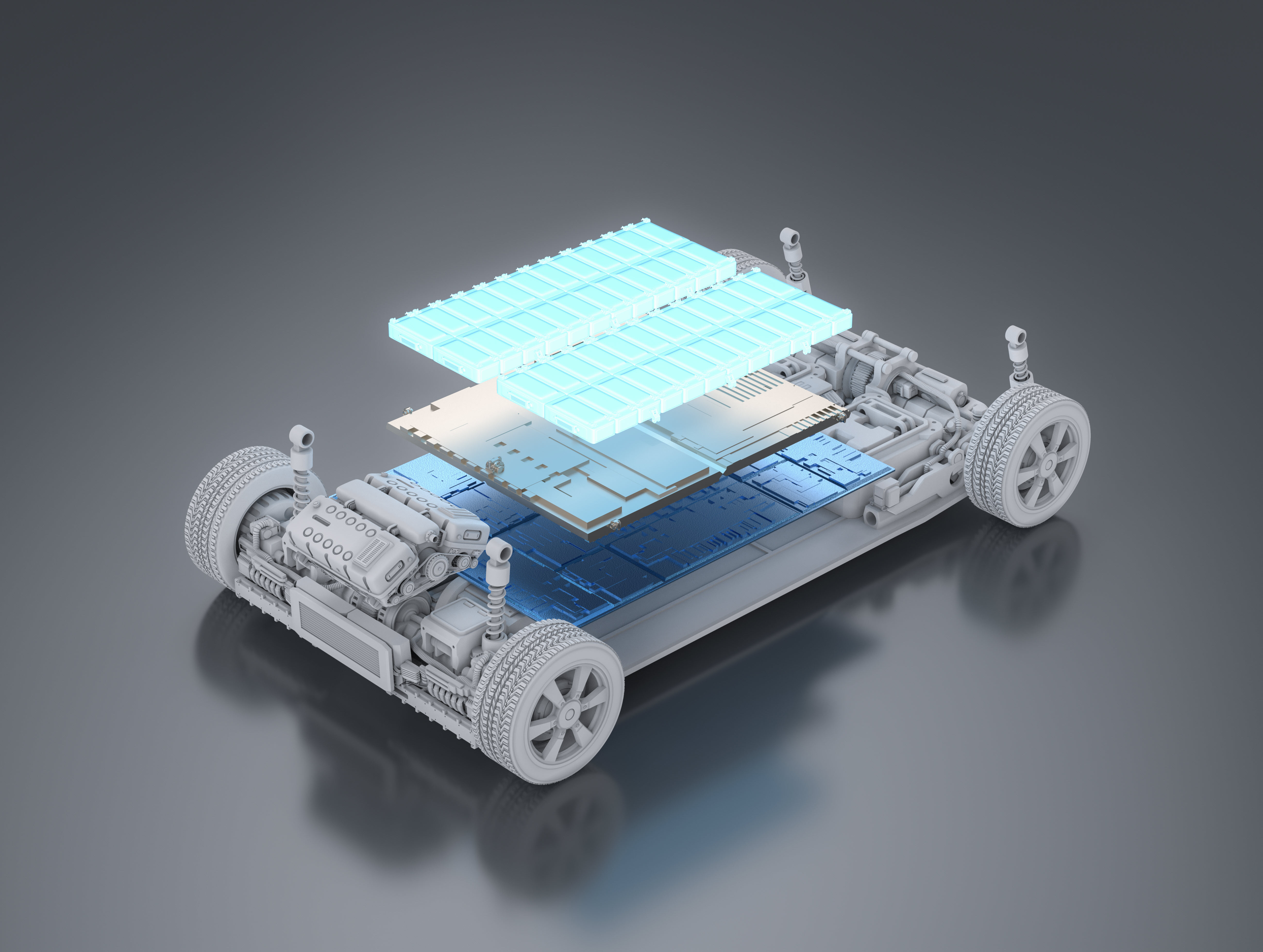 3d-rendering-electric-car-with-pack-of-battery-cells-module-in-layers-on-platform
