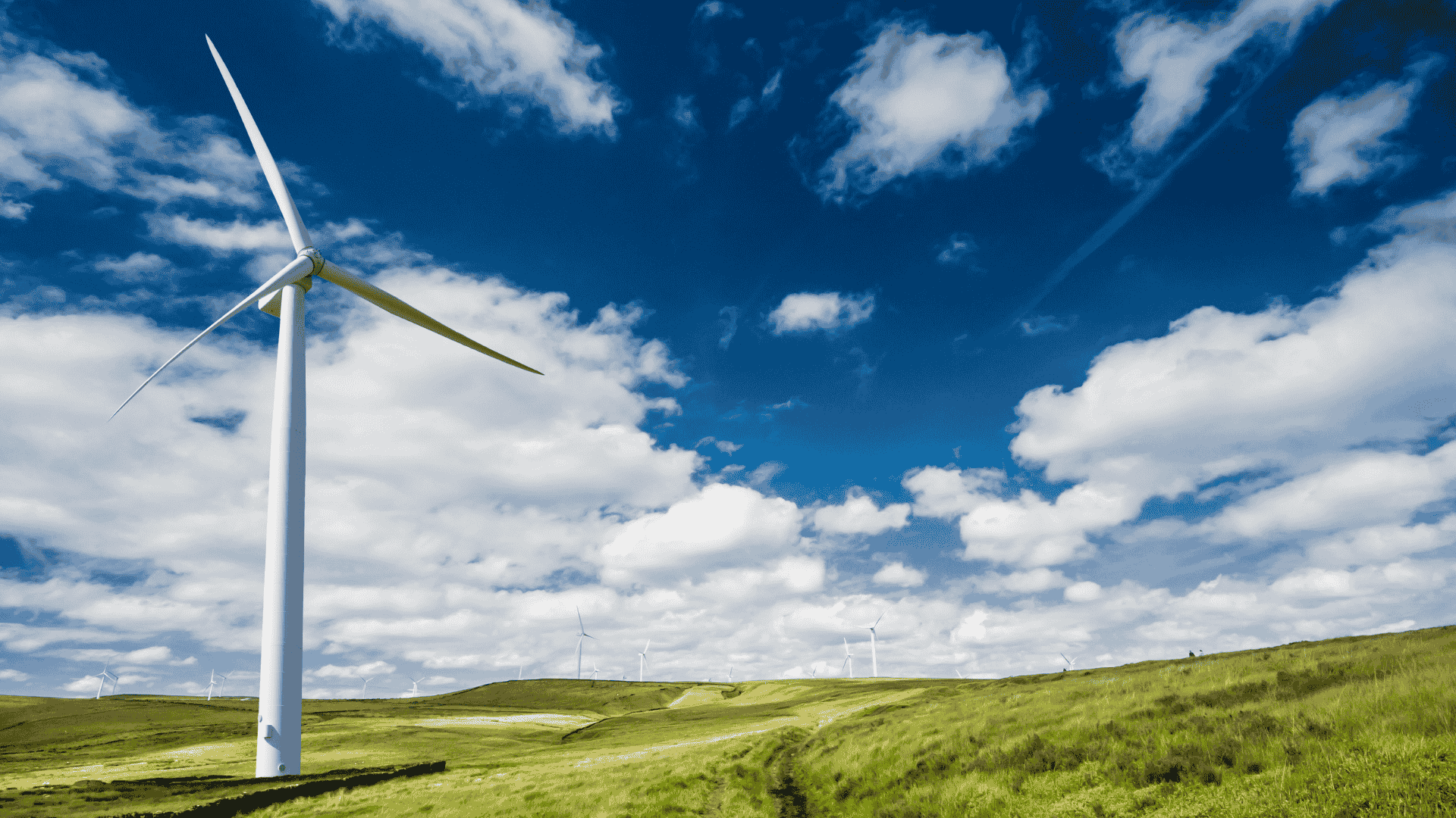 A wind turbine stands tall in a green field with blue cloudy skies, symbolizing renewable energy and efforts to reduce the carbon budget